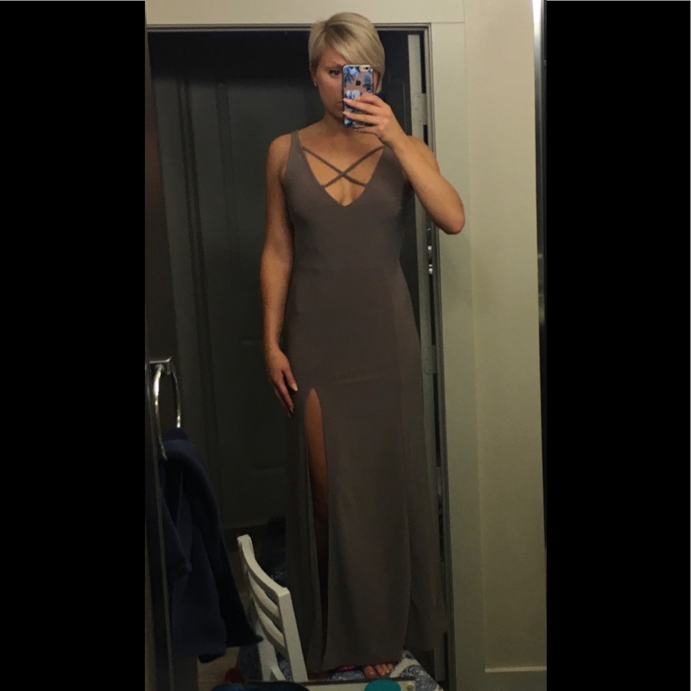 Sexy, Long, Taupe colored Dress with a slit!